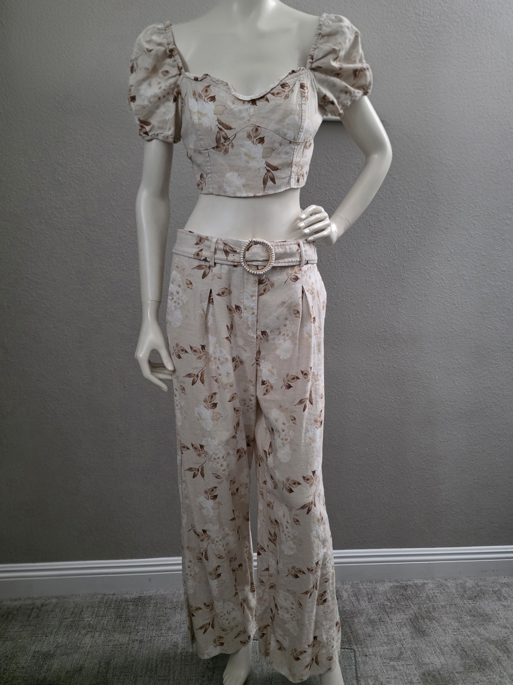 Cream & Brown Floral Set- Wide-Leg Pants & Croppwd Top